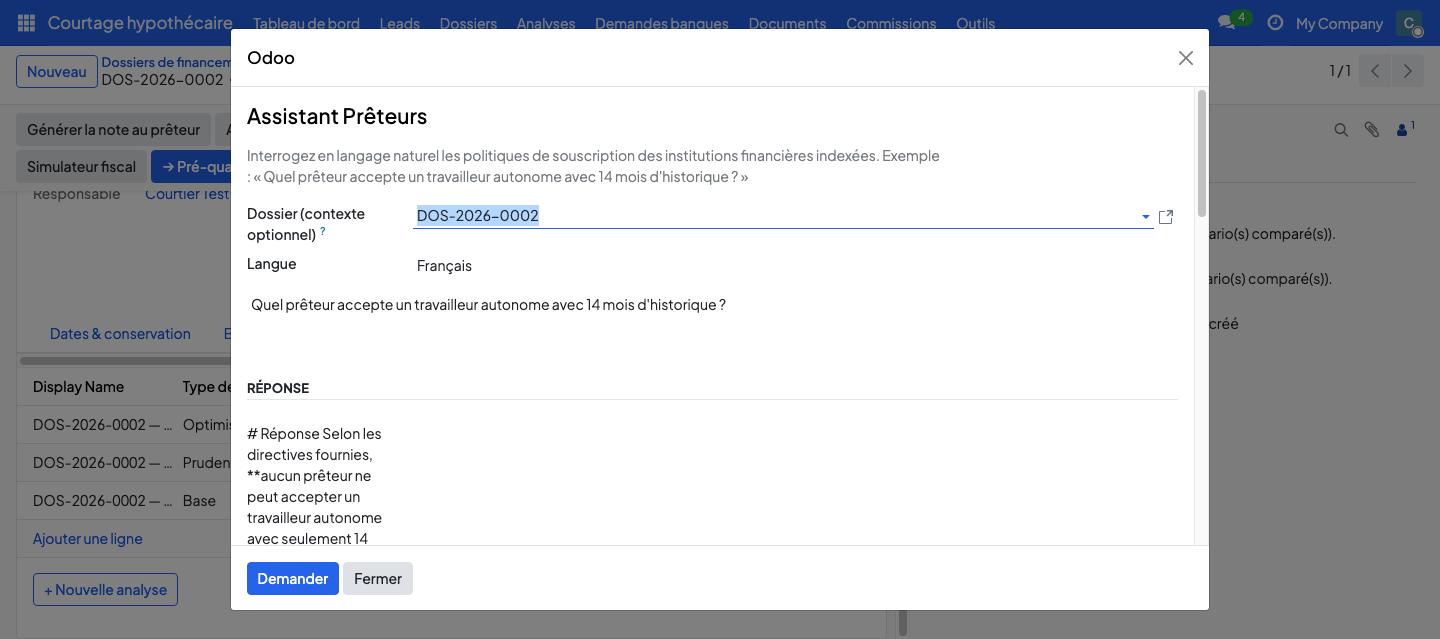 Assistant Prêteurs de CourtierIQ répondant à une question de souscription